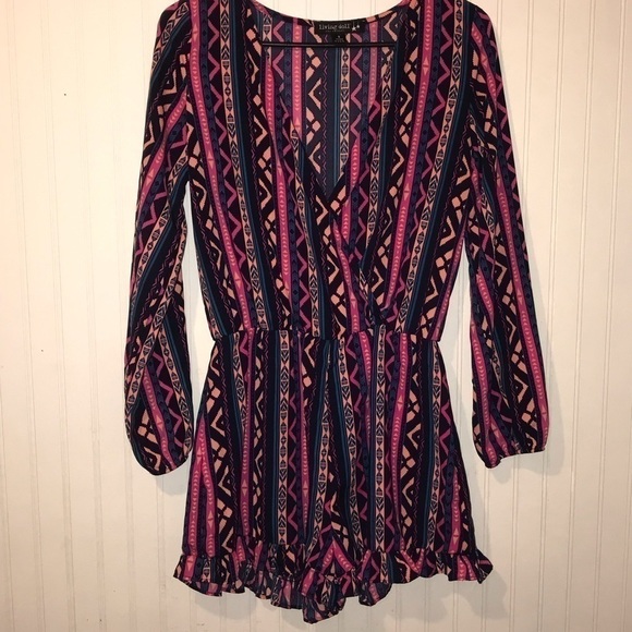 Living Doll V-Neck long sleeve Aztec romper shorts with ruffles size small - Picture 1 of 5